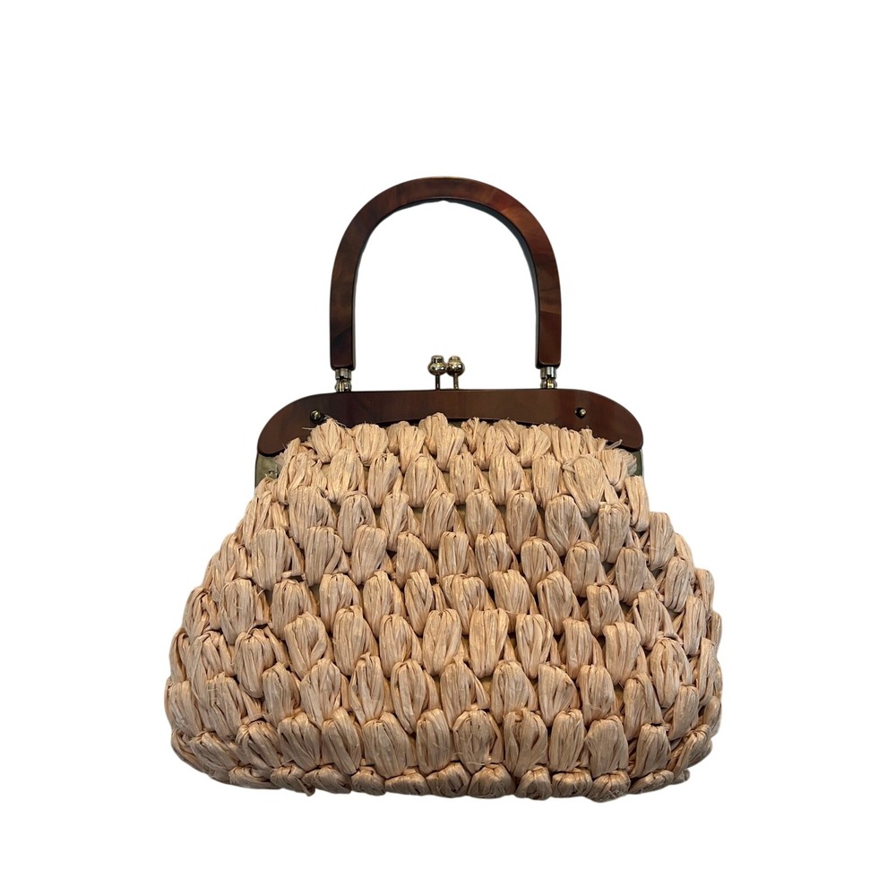 Vintage Handmade Woven Raffia Purse‎ with Tortoise Shell-Style Handle